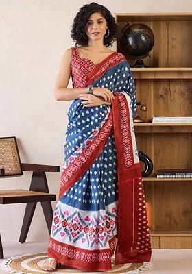 Navy Blue Embroidered Blended Saree Set