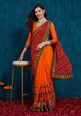 Orange Printed Blended Saree Set