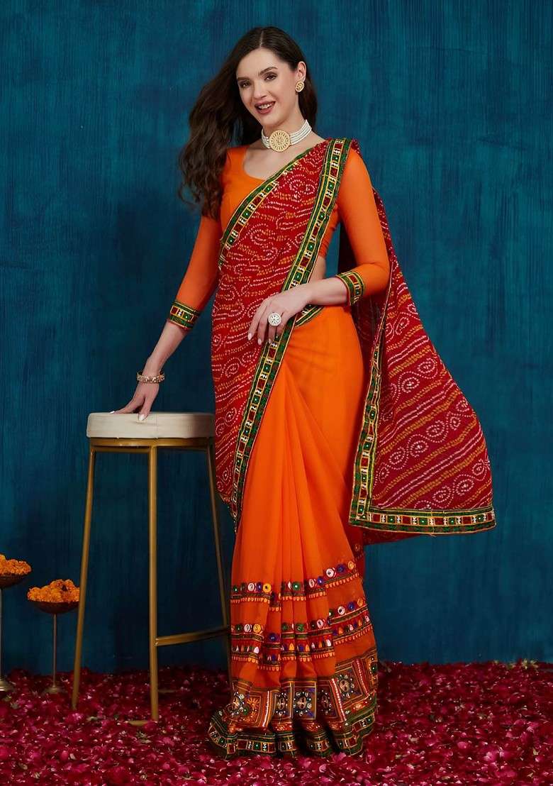 Orange Printed Blended Saree Set for Diwali and Festive Wear - Indya