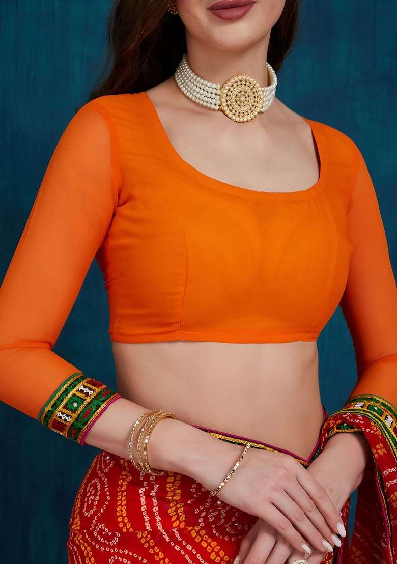 Orange Printed Blended Saree Set for Diwali and Festive Wear - Indya