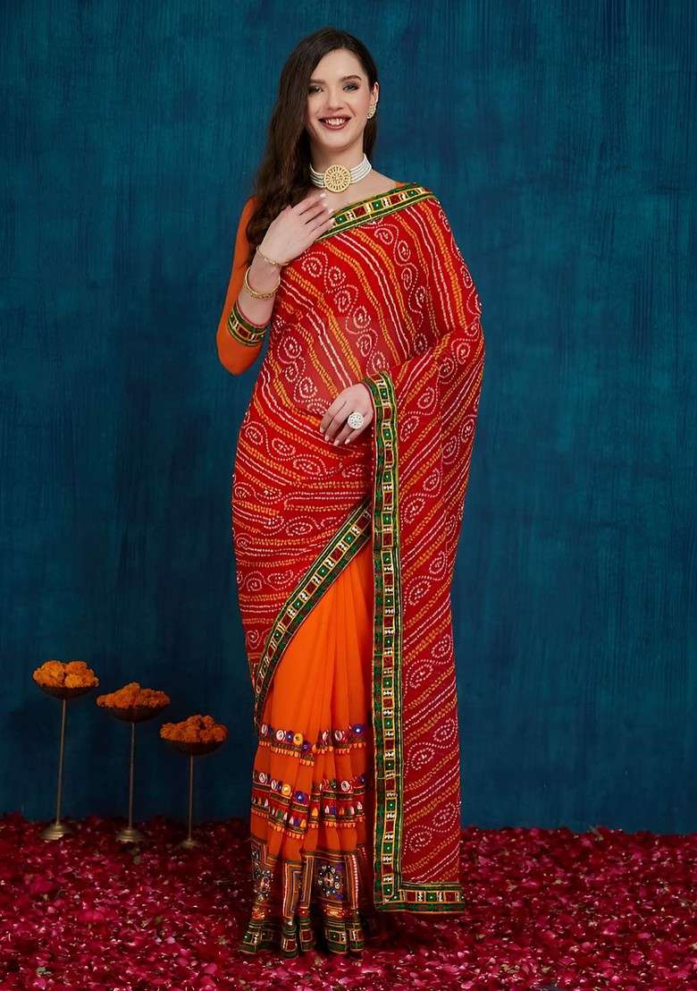 Orange Printed Blended Saree Set for Diwali and Festive Wear - Indya