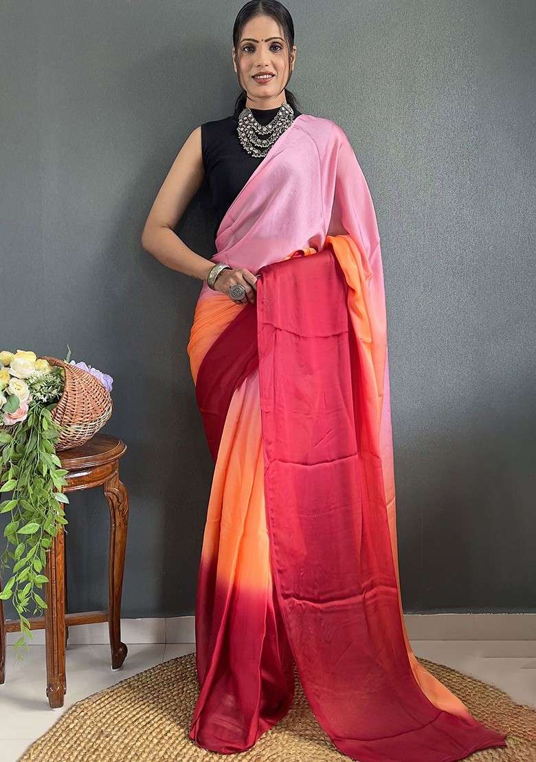 Red Embroidered Blended Saree Set - Indya