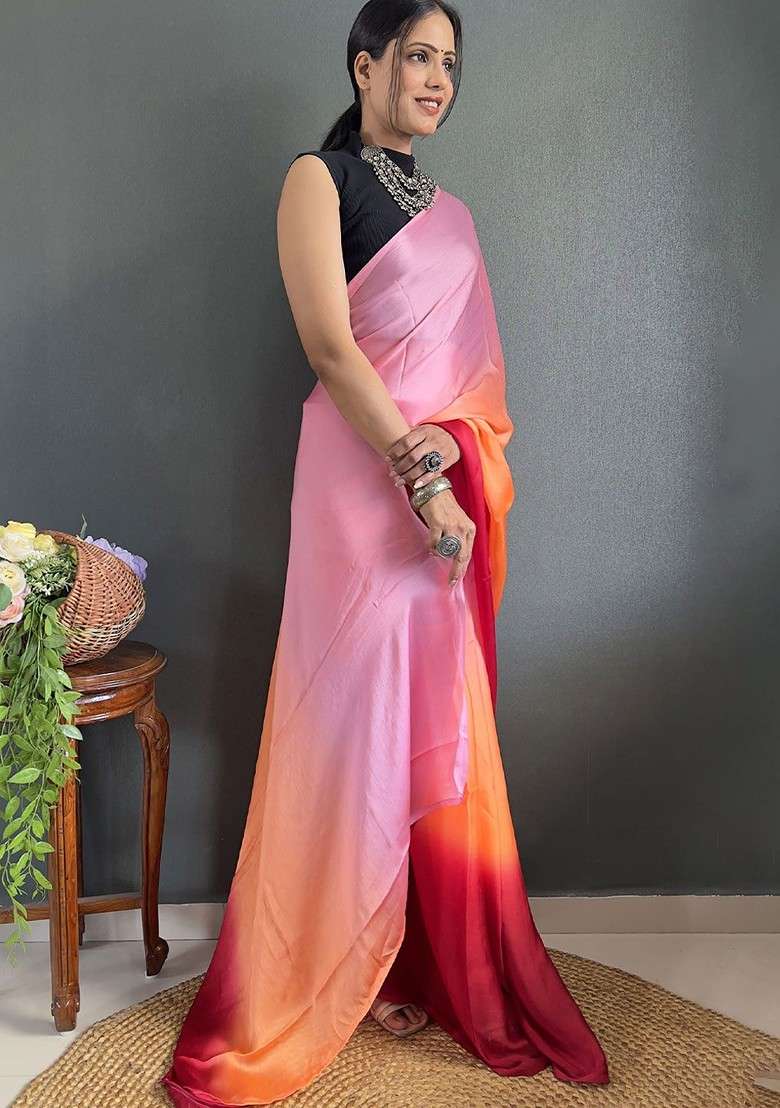 Red Embroidered Blended Saree Set - Indya