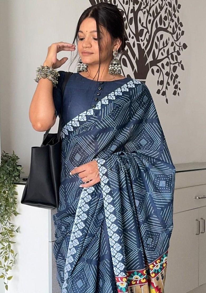 Navy Blue Embroidered Blended Saree Set