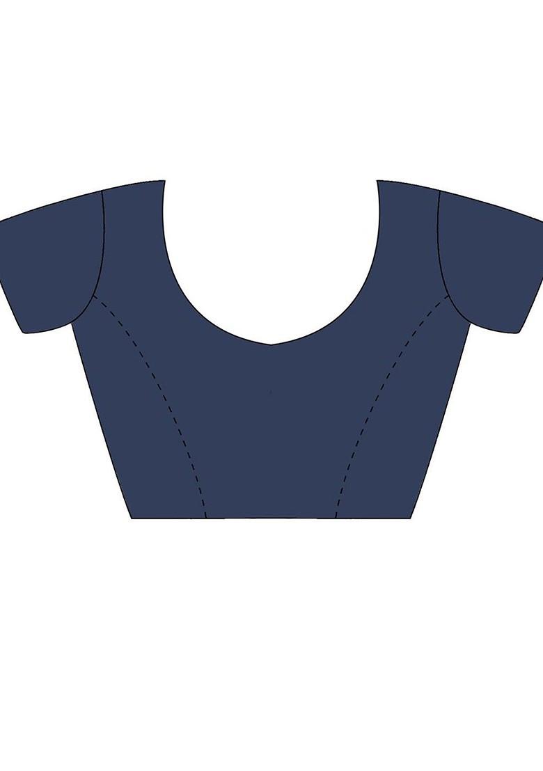 Navy Blue Embroidered Blended Saree Set