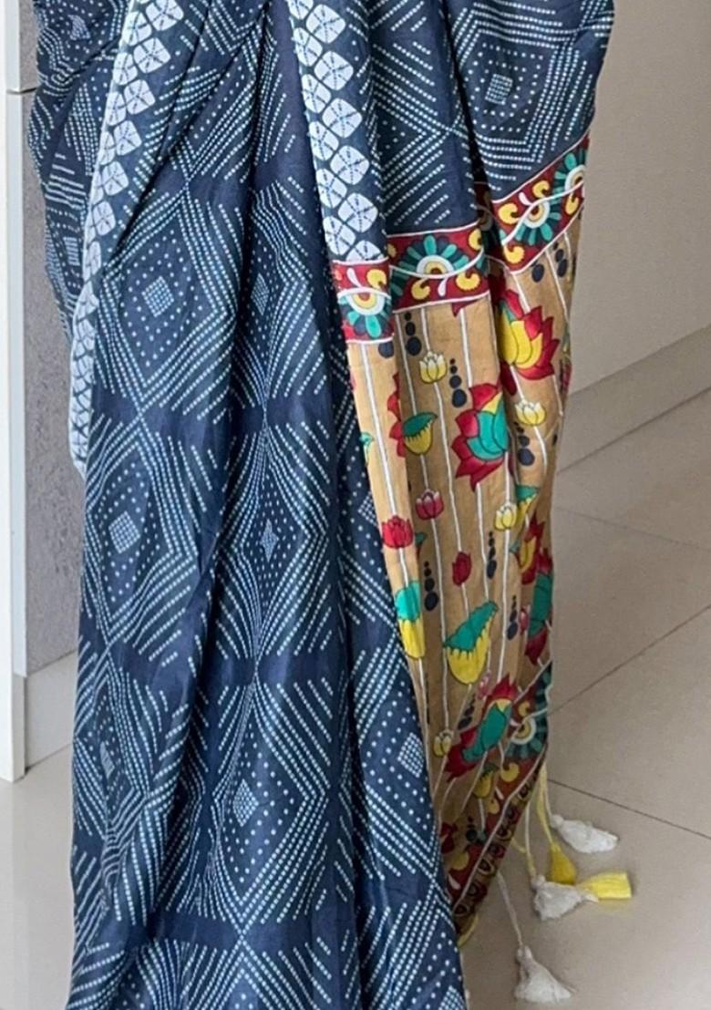 Navy Blue Embroidered Blended Saree Set