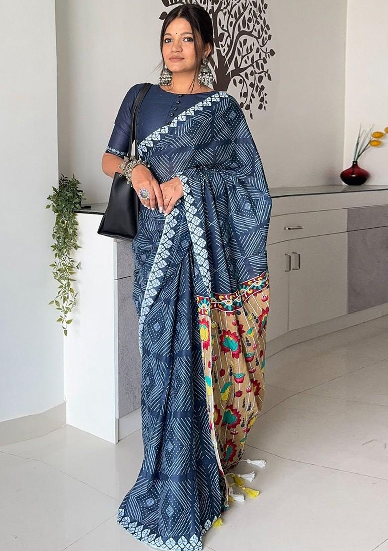 Navy Blue Embroidered Blended Saree Set