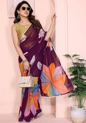 Purple Embroidered Blended Saree Set