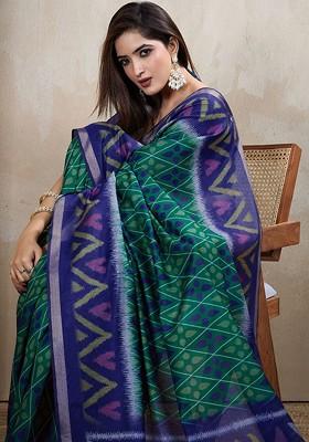 Blue Printed Blended Saree Set