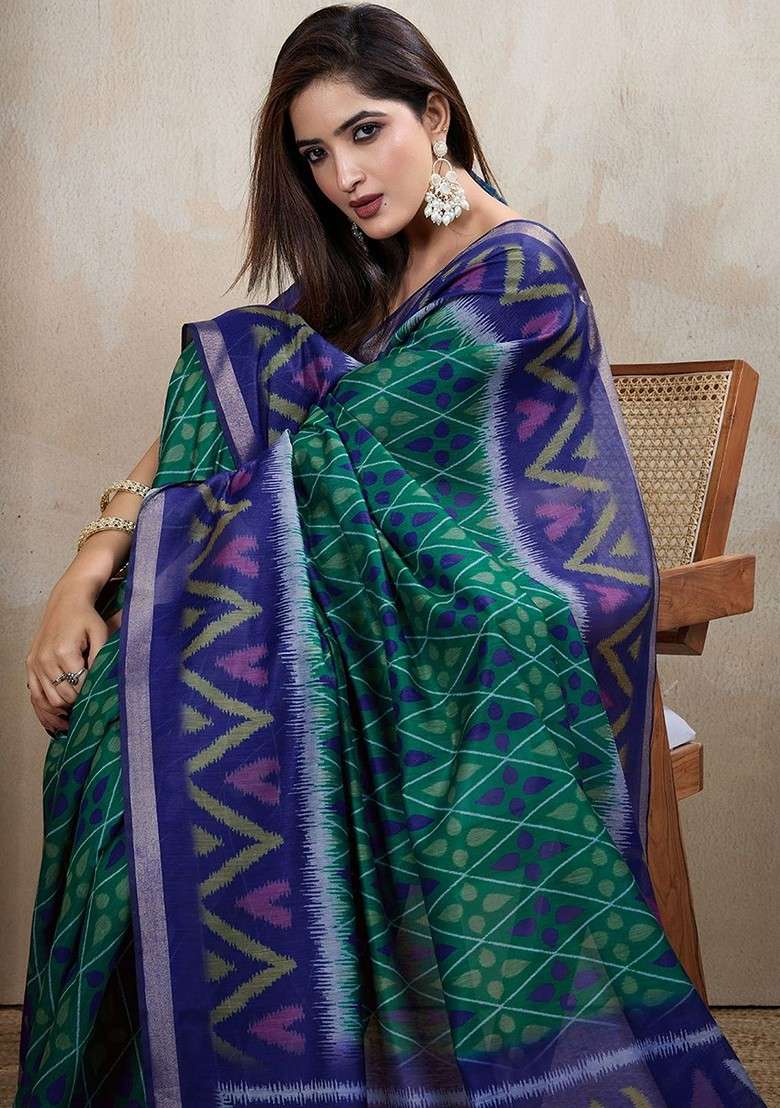 Blue Printed Blended Saree Set - Indya