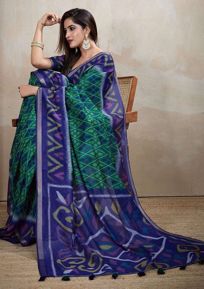Blue Printed Blended Saree Set - Indya