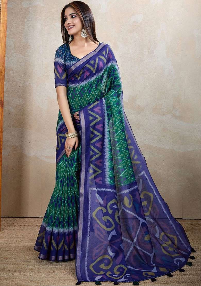 Blue Printed Blended Saree Set - Indya