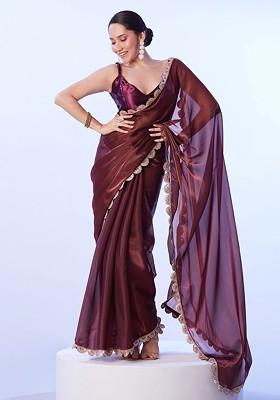 Brown Embellished Blended Saree Set
