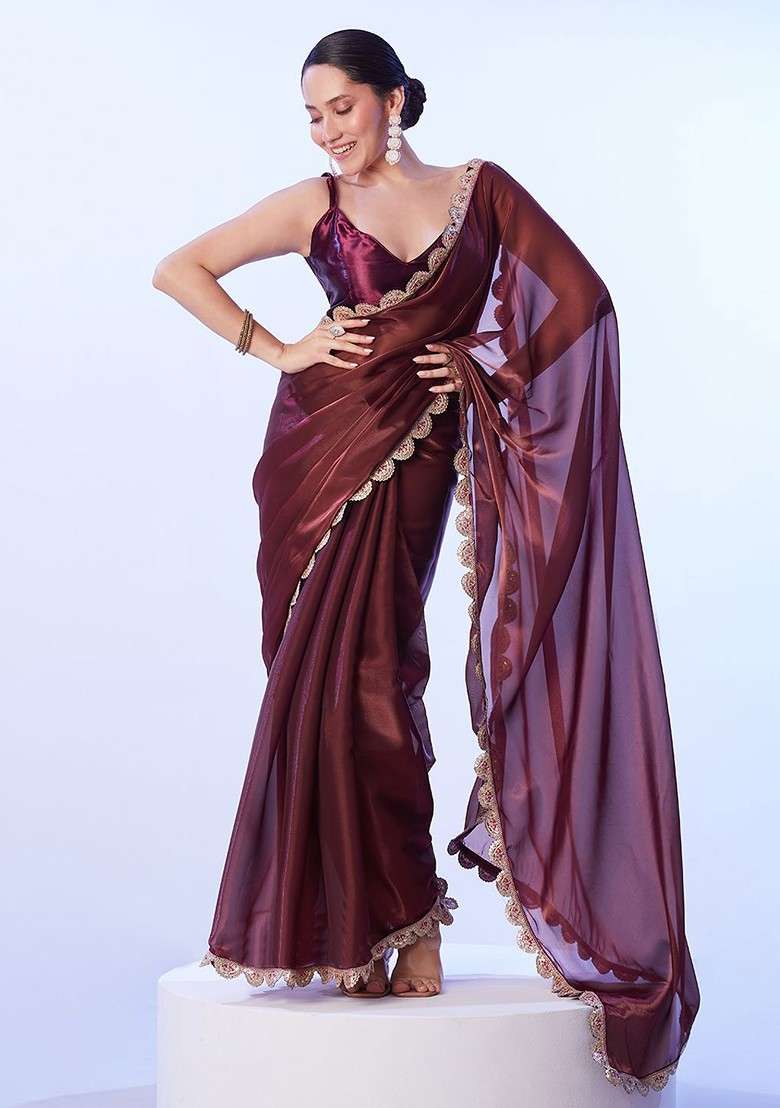 Brown Embellished Blended Saree Set - Indya