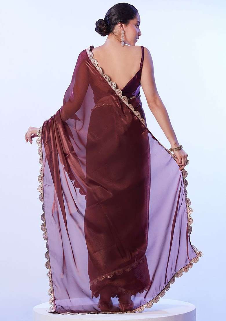 Brown Embellished Blended Saree Set - Indya