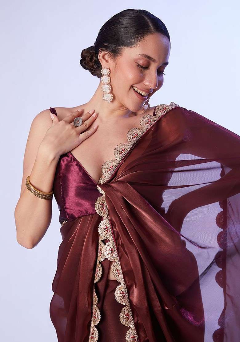 Brown Embellished Blended Saree Set - Indya