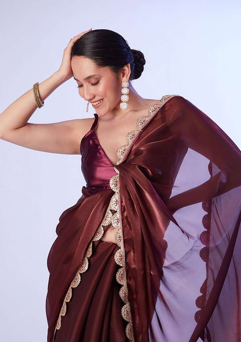 Brown Embellished Blended Saree Set - Indya