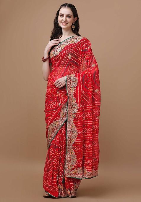 Red Printed Blended Saree Set — view on Indya