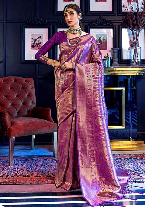 Purple Embroidered Blended Saree Set