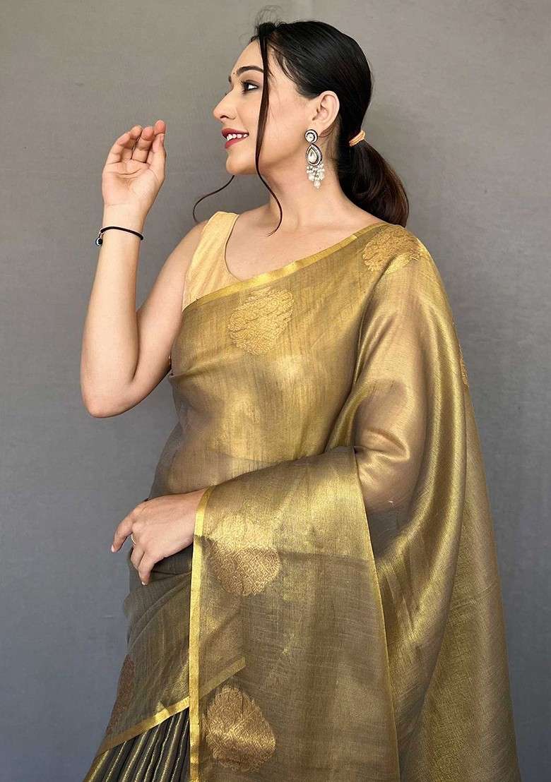Gold Blended Saree Set with Embroidered for Diwali | Wedding & Festive Wear - Indya