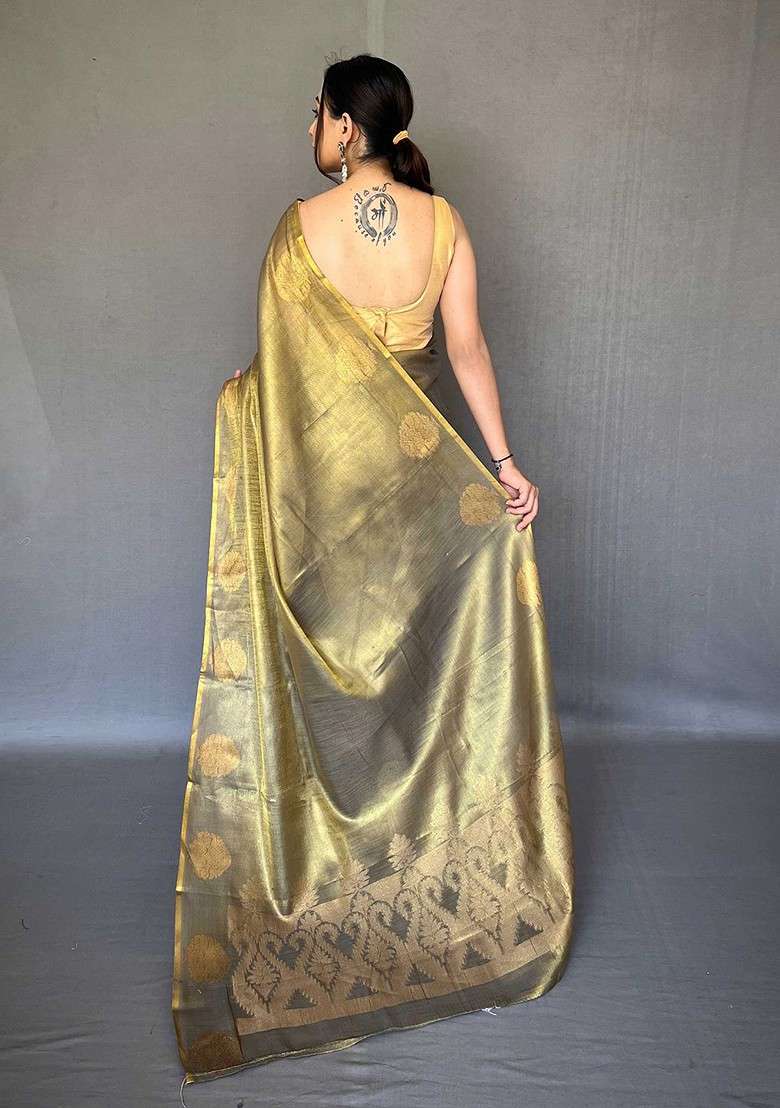 Gold Blended Saree Set with Embroidered for Diwali | Wedding & Festive Wear - Indya