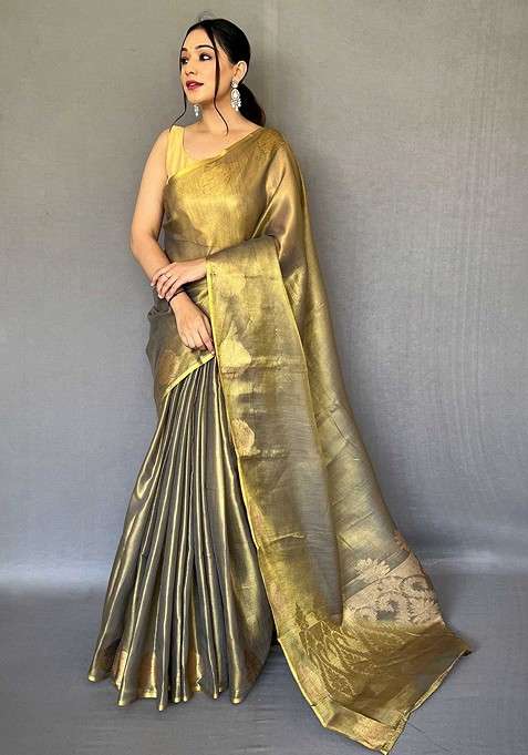 Gold Blended Saree Set with Embroidered for Diwali | Wedding & Festive Wear