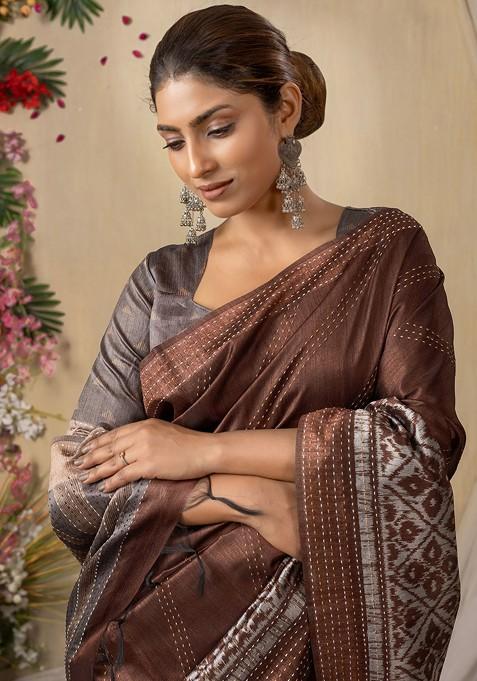 Brown Embroidered Blended Saree Set