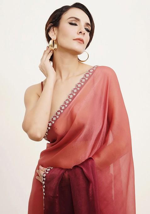 Peach Embellished Blended Saree Set