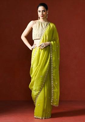 Lime Green Embellished Blended Saree Set