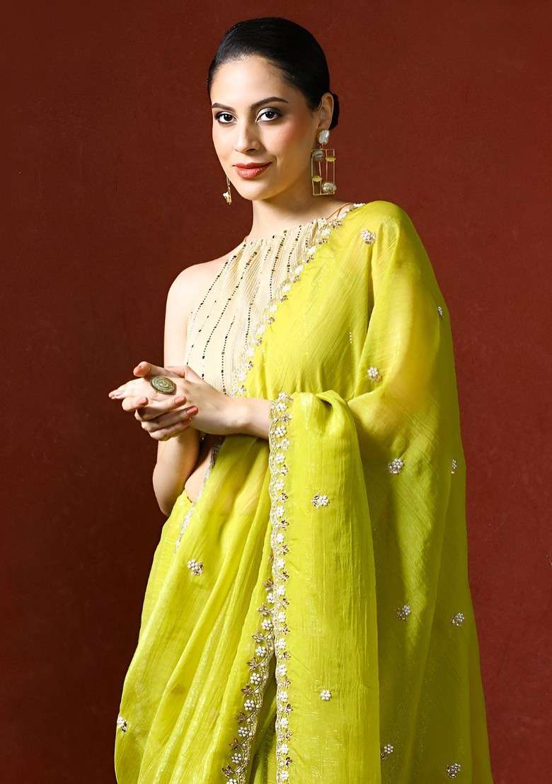 Lime Green Embellished Blended Saree Set - Indya