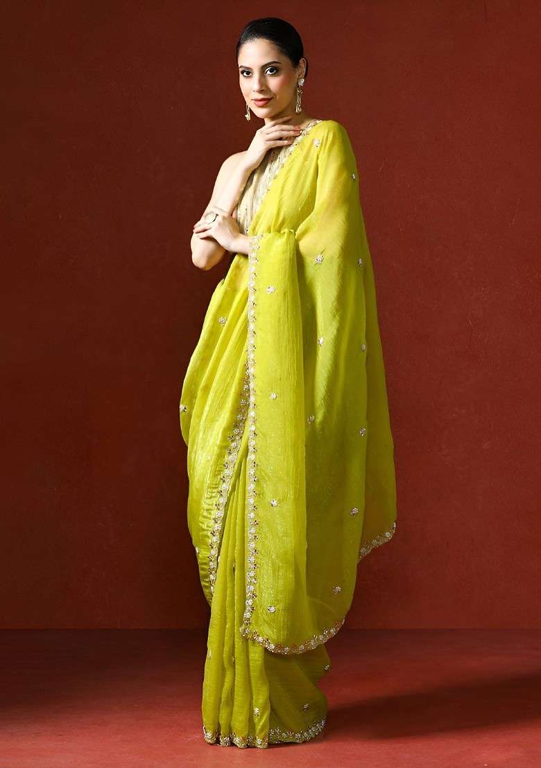 Lime Green Embellished Blended Saree Set - Indya