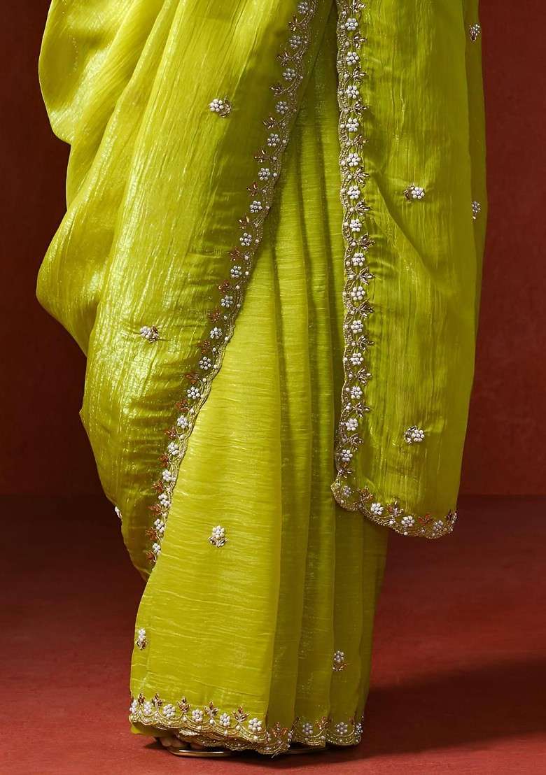Lime Green Embellished Blended Saree Set - Indya
