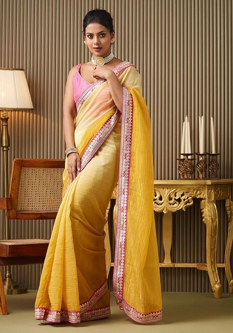 Yellow Embroidered Blended Saree Set
