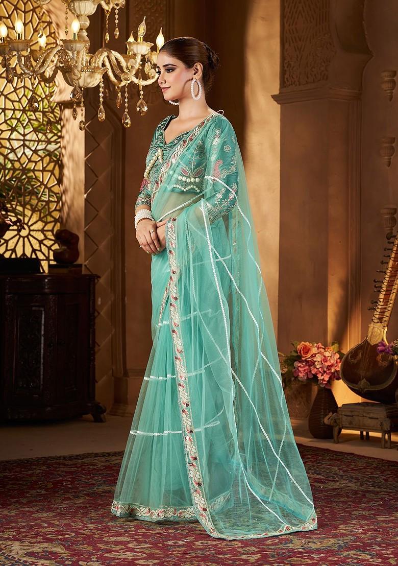Sea Green Sequin Embellished Blended Saree Set