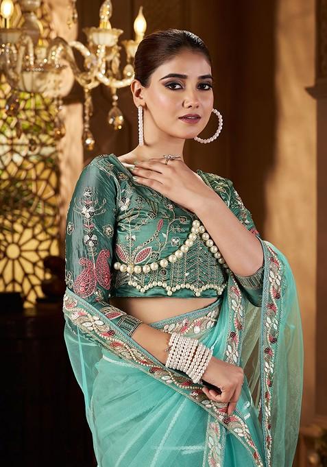 Sea Green Sequin Embellished Blended Saree Set