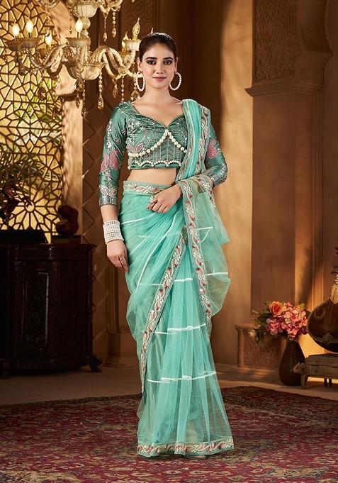 Sea Green Sequin Embellished Blended Saree Set