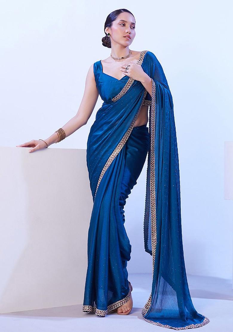Teal Embellished Blended Saree Set