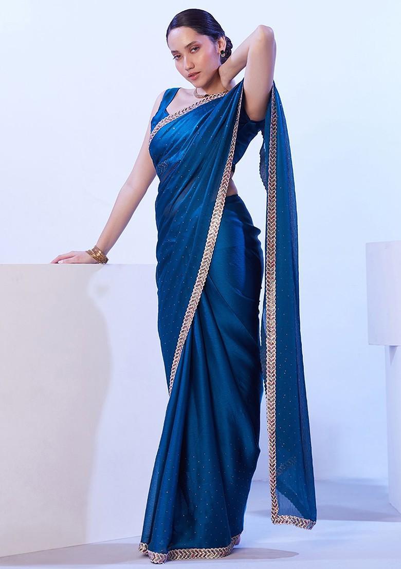 Teal Embellished Blended Saree Set