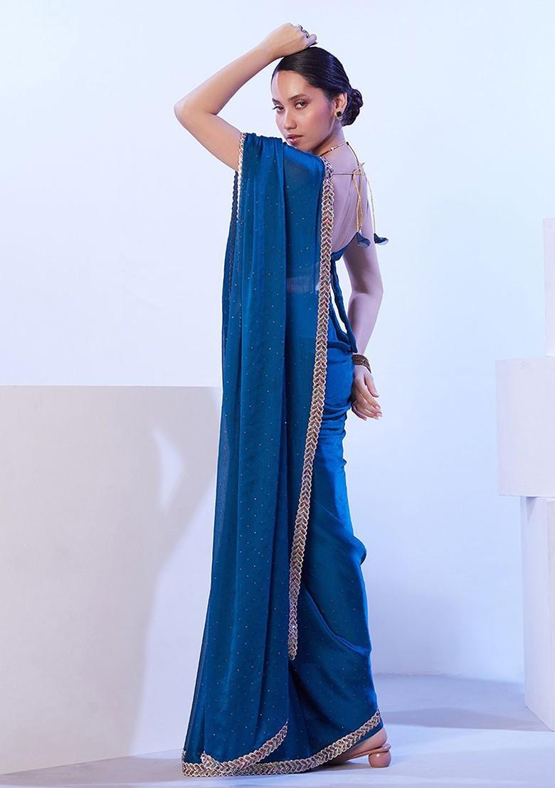 Teal Embellished Blended Saree Set