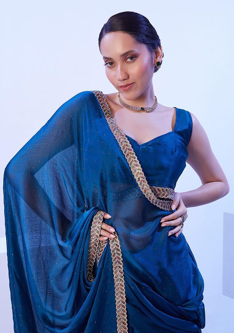 Teal Embellished Blended Saree Set