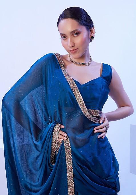 Teal Embellished Blended Saree Set