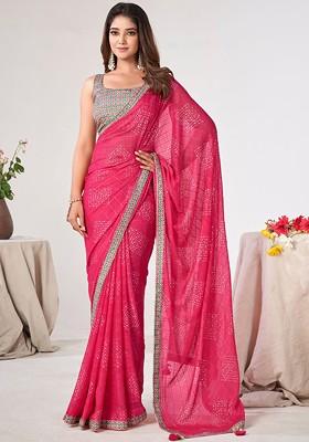 Pink Printed Blended Saree Set