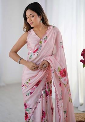 Pink Printed Blended Saree Set