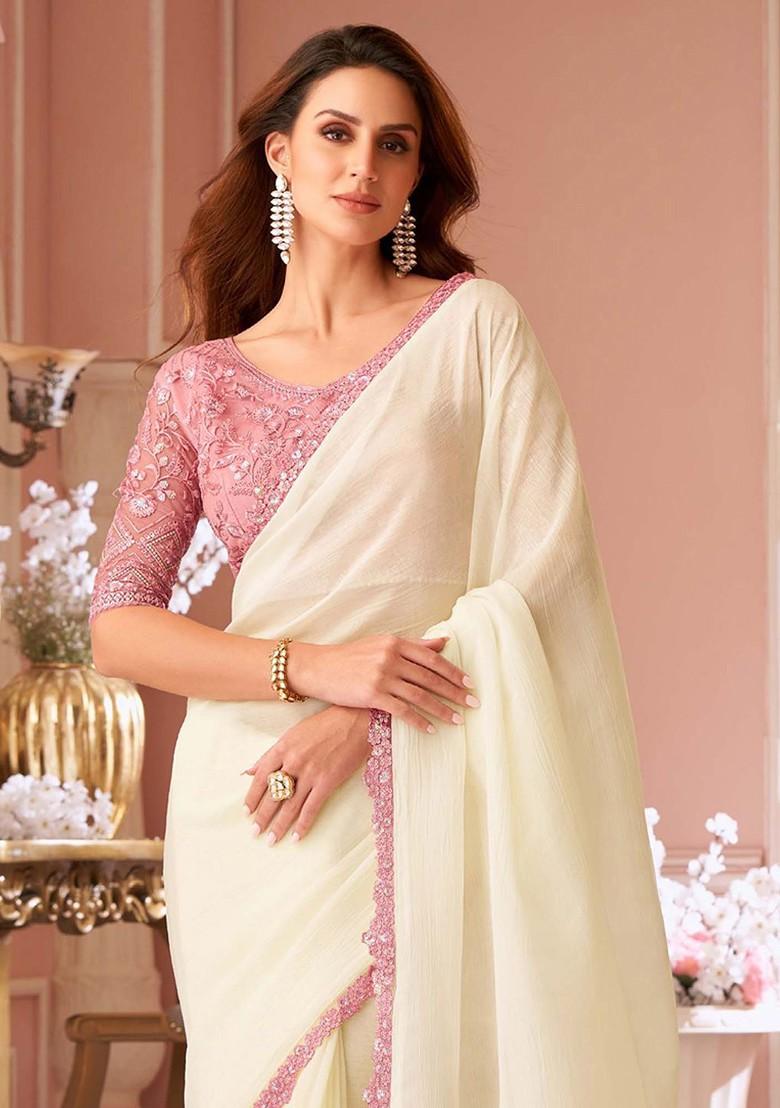 Off White Embellished Blended Saree Set