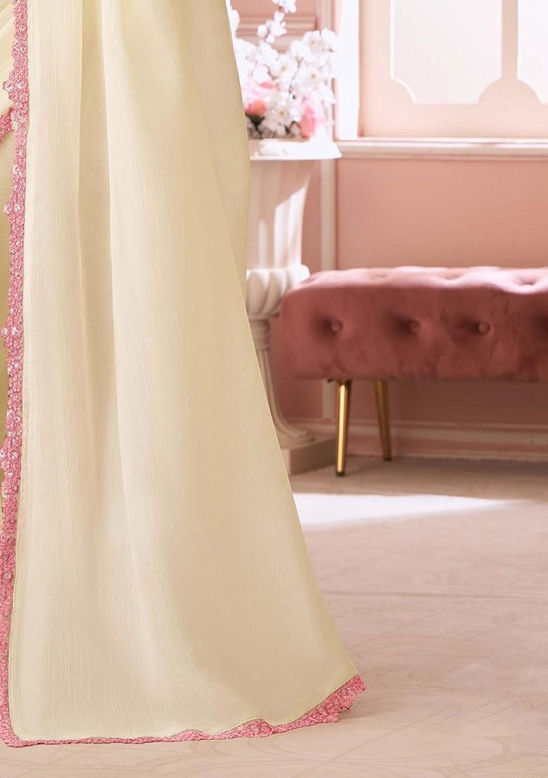 Off White Embellished Blended Saree Set