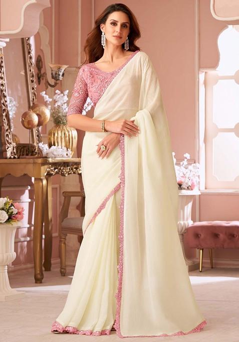 Off White Embellished Blended Saree Set