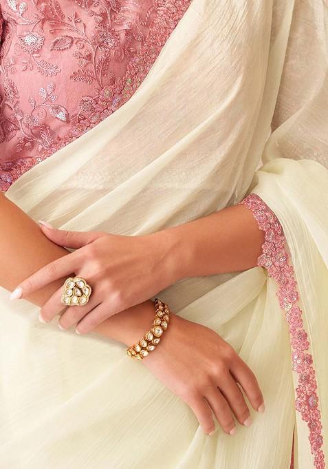 Off White Embellished Blended Saree Set