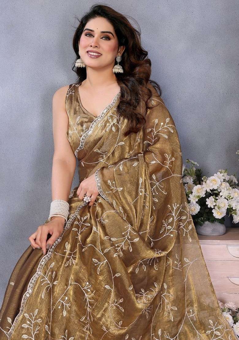 Olive Blended Saree Set with Embroidered for Diwali | Wedding & Festive Wear - Indya