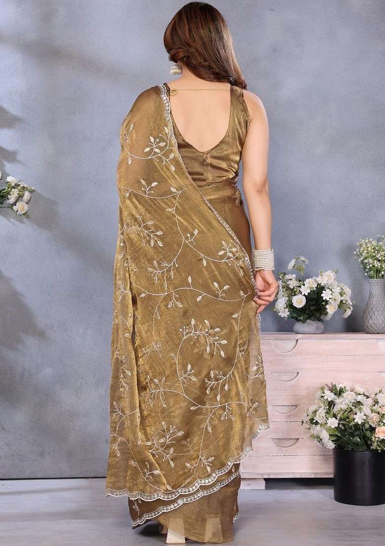 Olive Blended Saree Set with Embroidered for Diwali | Wedding & Festive Wear - Indya