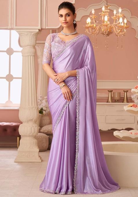 Lavender Sequin Embellished Blended Saree Set — view on Indya
